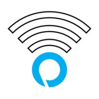 A blue circular design with an open gap at the bottom, below three black curved lines resembling a Wi-Fi signal icon.