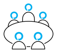 Simple line drawing of five figures sitting around a circular table, each with a blue circular icon above their head.