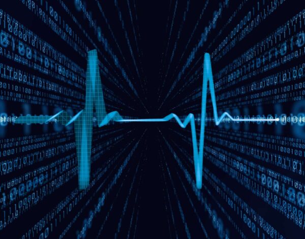 A blue digital heartbeat waveform overlaid on a background of binary code, symbolising the intersection of healthcare and digital technology.