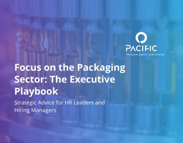 A blurred image of industrial packaging machinery with text overlay promoting a 2026 Outlook executive playbook for HR leaders and hiring managers by Pacific, an executive search firm.