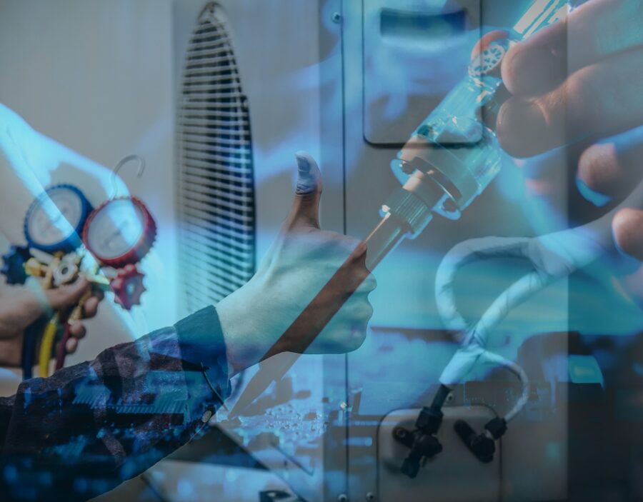 A person gives a thumbs up near HVAC gauges and tubing, with overlay images of hands handling tools and equipment, implying technical work or maintenance.